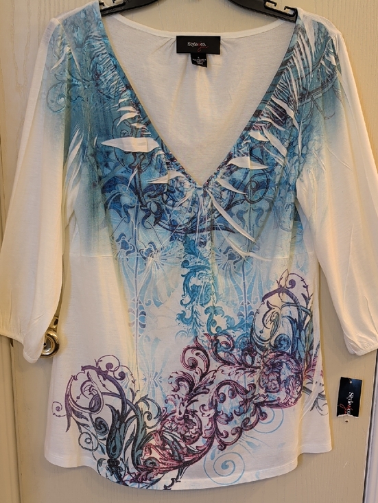 Style & Co. Tops - Style & Co White V-Neck Scroll Print Top Blue Purple Accents Large NWT